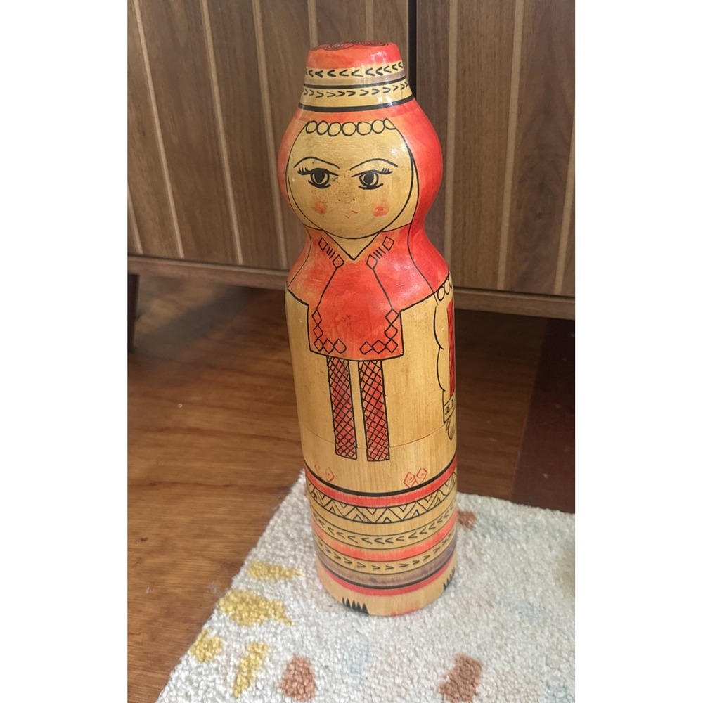 Vintage Russian Matryoshka Doll Wine Vodka Bottle Holder Carved Wood USSR 1977